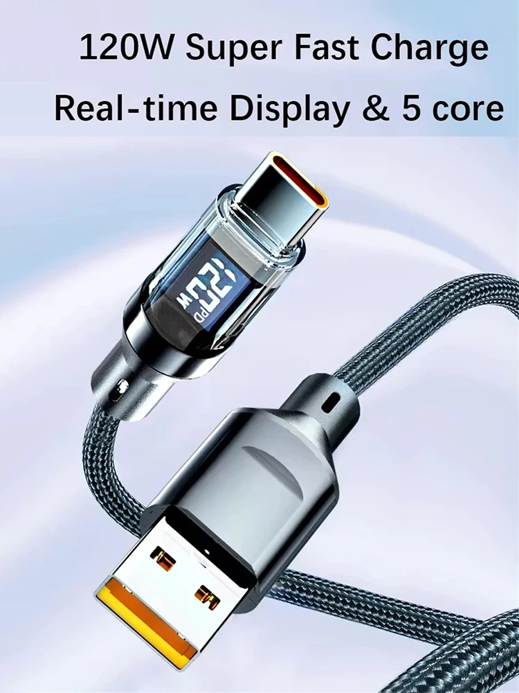 120W Quick charging Cable Type C Cable Phone Super Fast Charging Cable With LED Display USB Type C Data Cable For Xiaomi Samsung