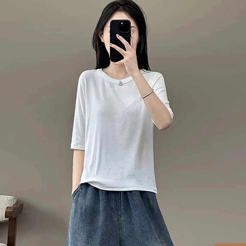 2024 Spring/Summer New Round Neck High Elasticity Shirt Girl's Fashionable Temperament Leisure Time