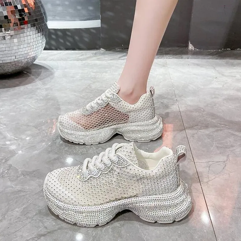 5 سنتيمتر الفاخرة الاصطناعية الهواء شبكة الأب حجر الراين فلكنيز أحذية رياضية مكتنزة الترفيه بلينغ المرأة منصة عادية إسفين الصيف الخريف #6