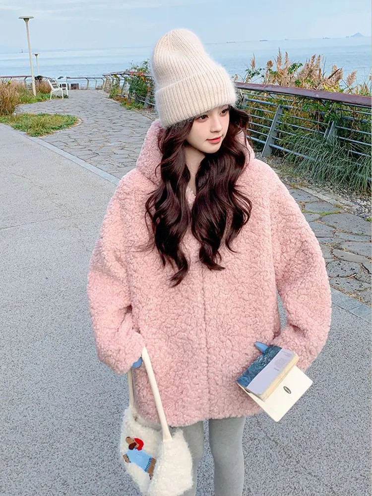 Pink Hooded Faux Lambhair Winter Jacket Women's New Style Fashion Loose And Thick Warm Women Coat Casual Cute Mid-length Jacket