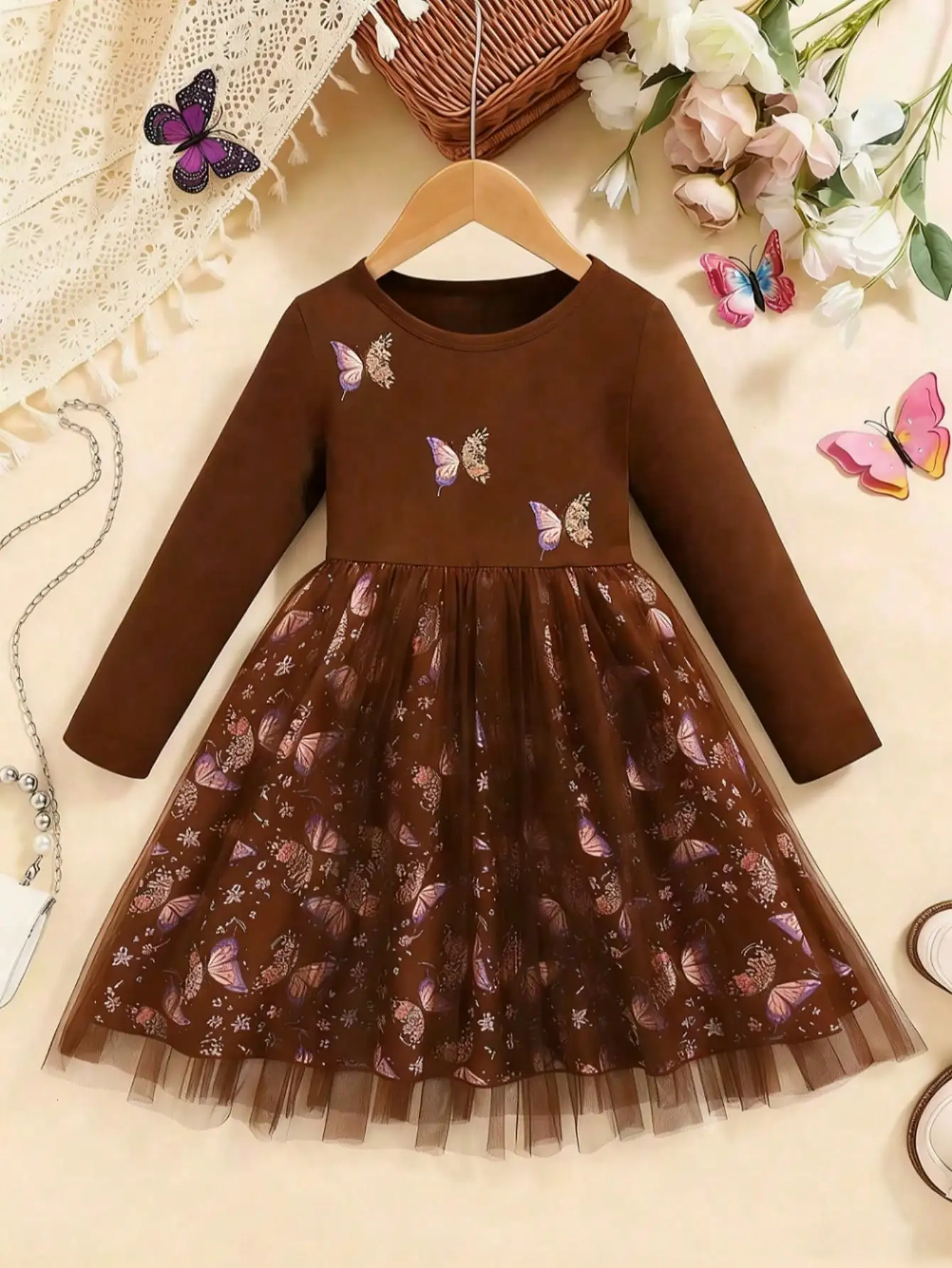 2026 Frühling/Sommer Herbst Eleganter Rundhals-Langarm-Mesh-Kleid mit Schmetterlingsdruck und Trompetenrock, Geeignet für Tägliche Reisen – Detail 12