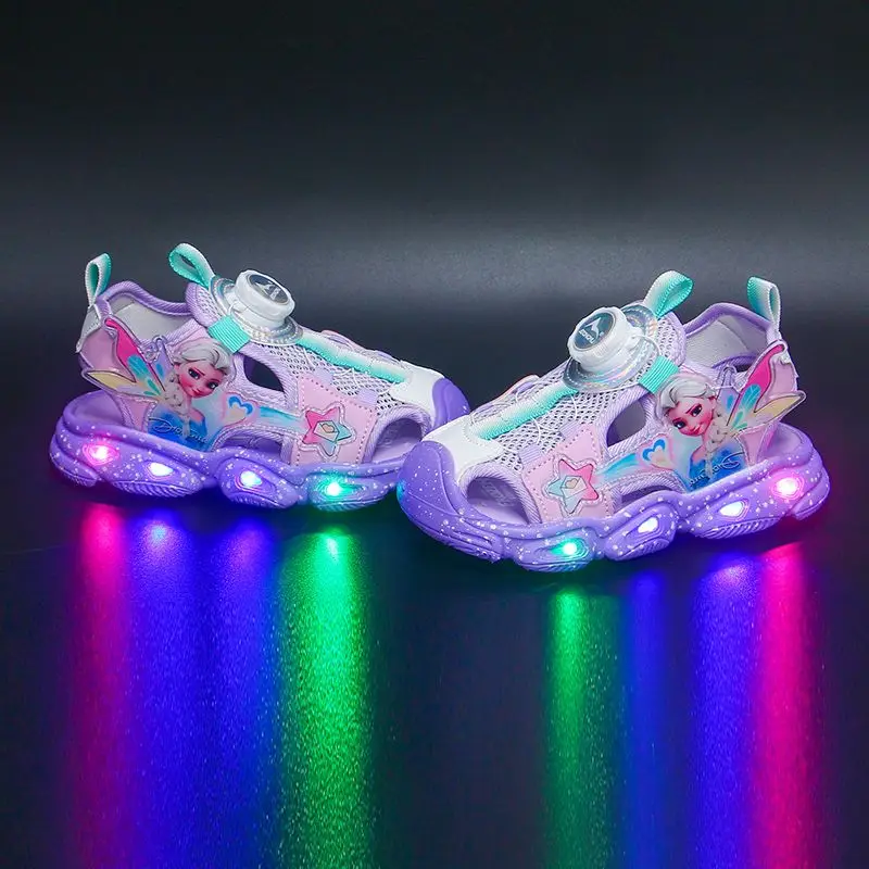 Disney LED Sport Sandals Summer Cartoon Princess Elsa Sandals For Girls Casual Beach Shoe Soft Sole Non-slip Kids Shoes Size 22-