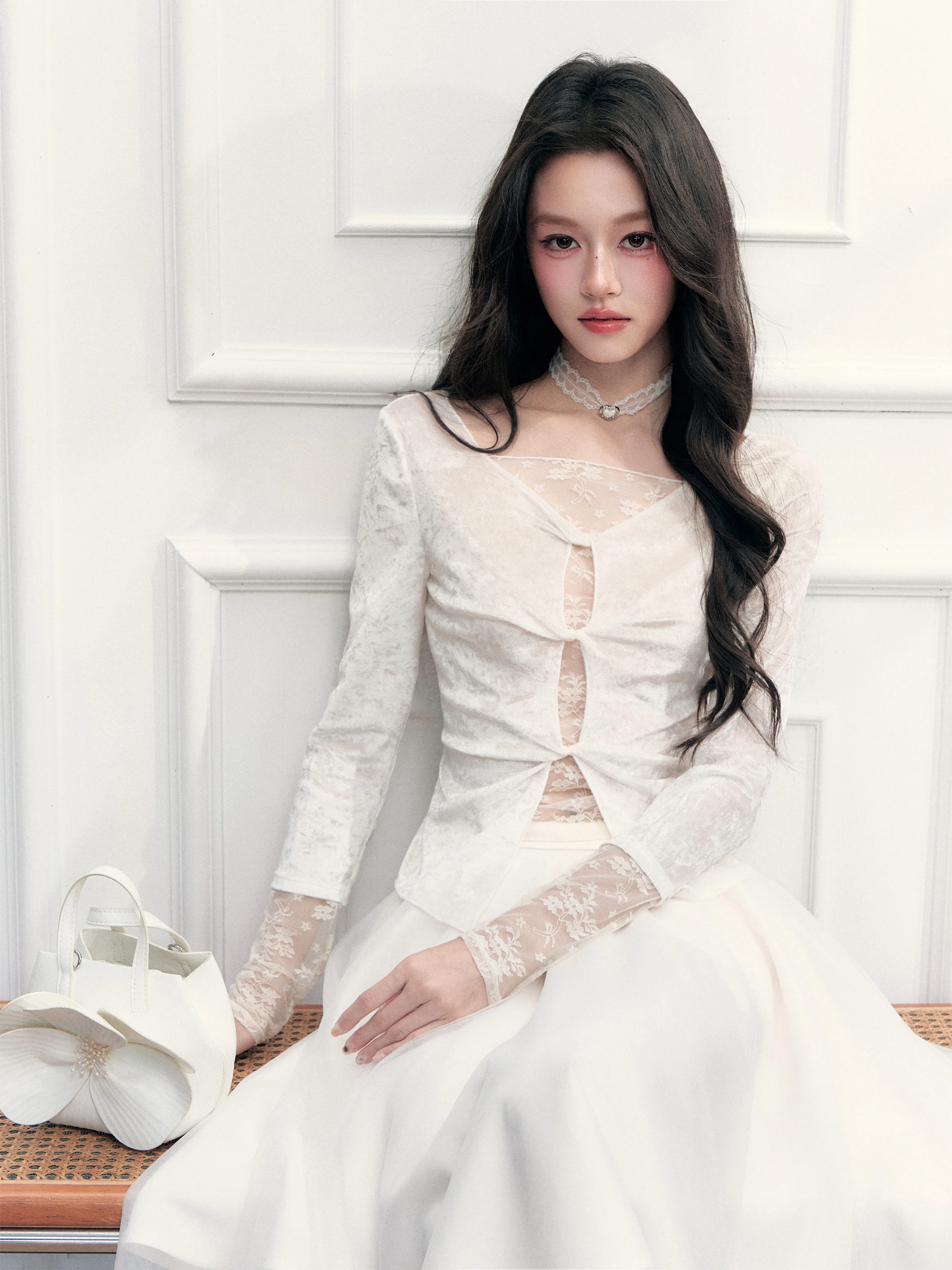 Fragile Heart Gentle Wind T-Shirt Lace Splicing Hollow out Soft Light Floral Pattern Women's Long Sleeve round Neck Top