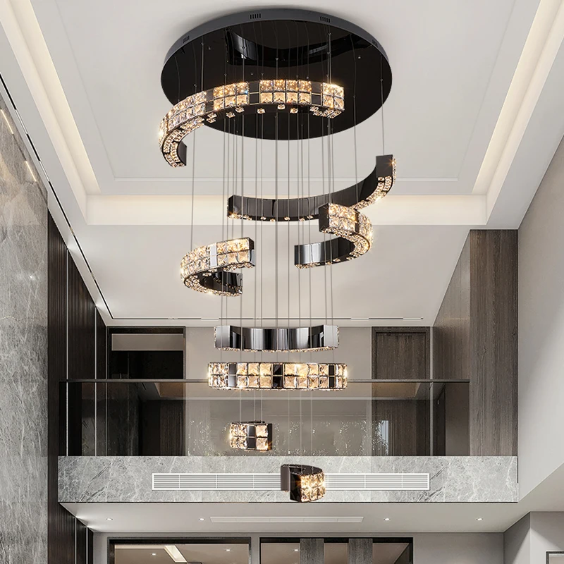 New design black chandelier loft staircase villa hanging light fixtures large living room home decor luxury crystal led lamp