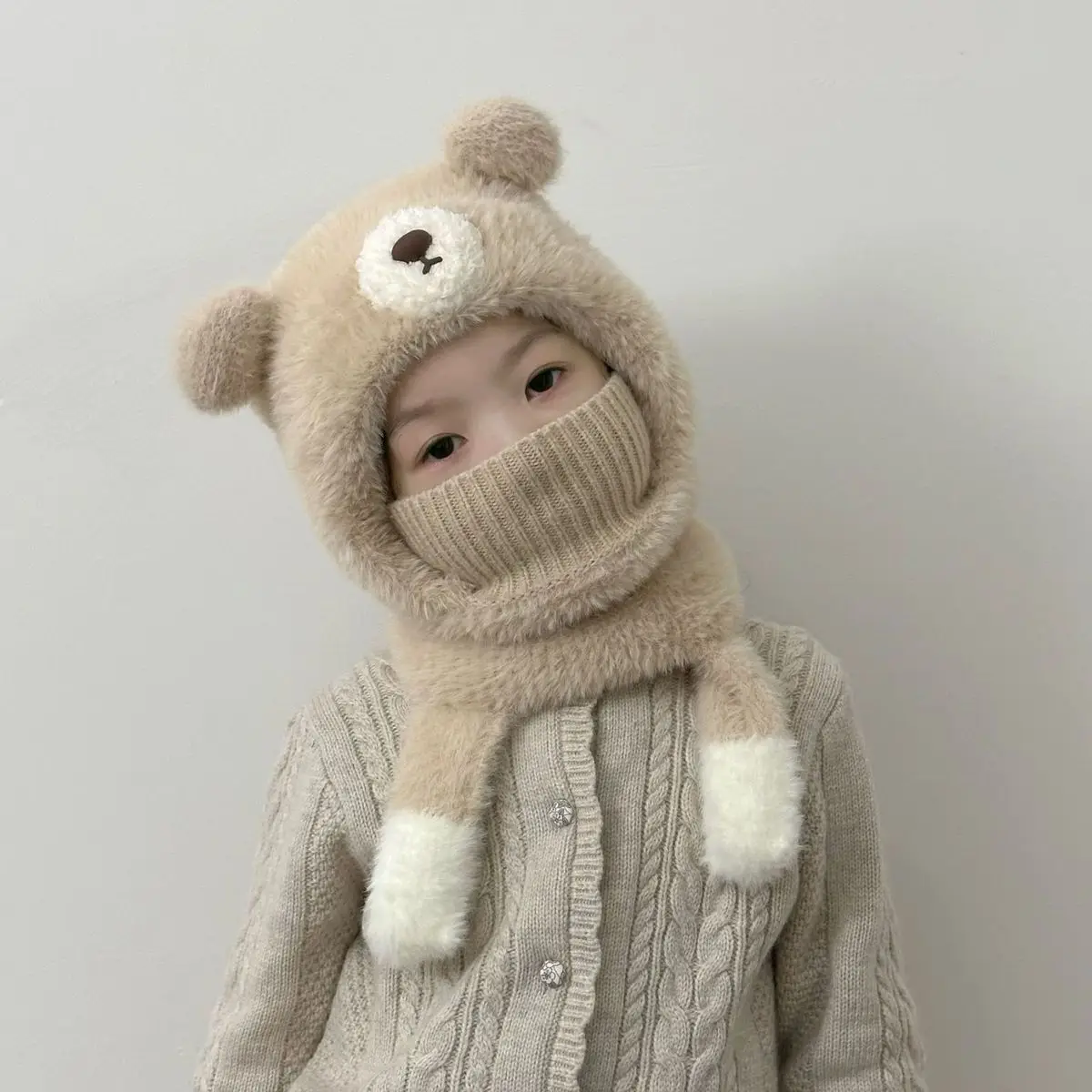 

Children's Hats Winter Scarves Masks Integrated Hats Velvet Warm Ears Boys and Girls Cold-proof Bear Pullover Hats