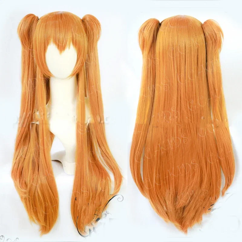 Anime EVA Asuka Langley Soryu Long Orange Heat Resistant Hair Cosplay Costume Wig + 2 Ponytail Clips+Wig Cap