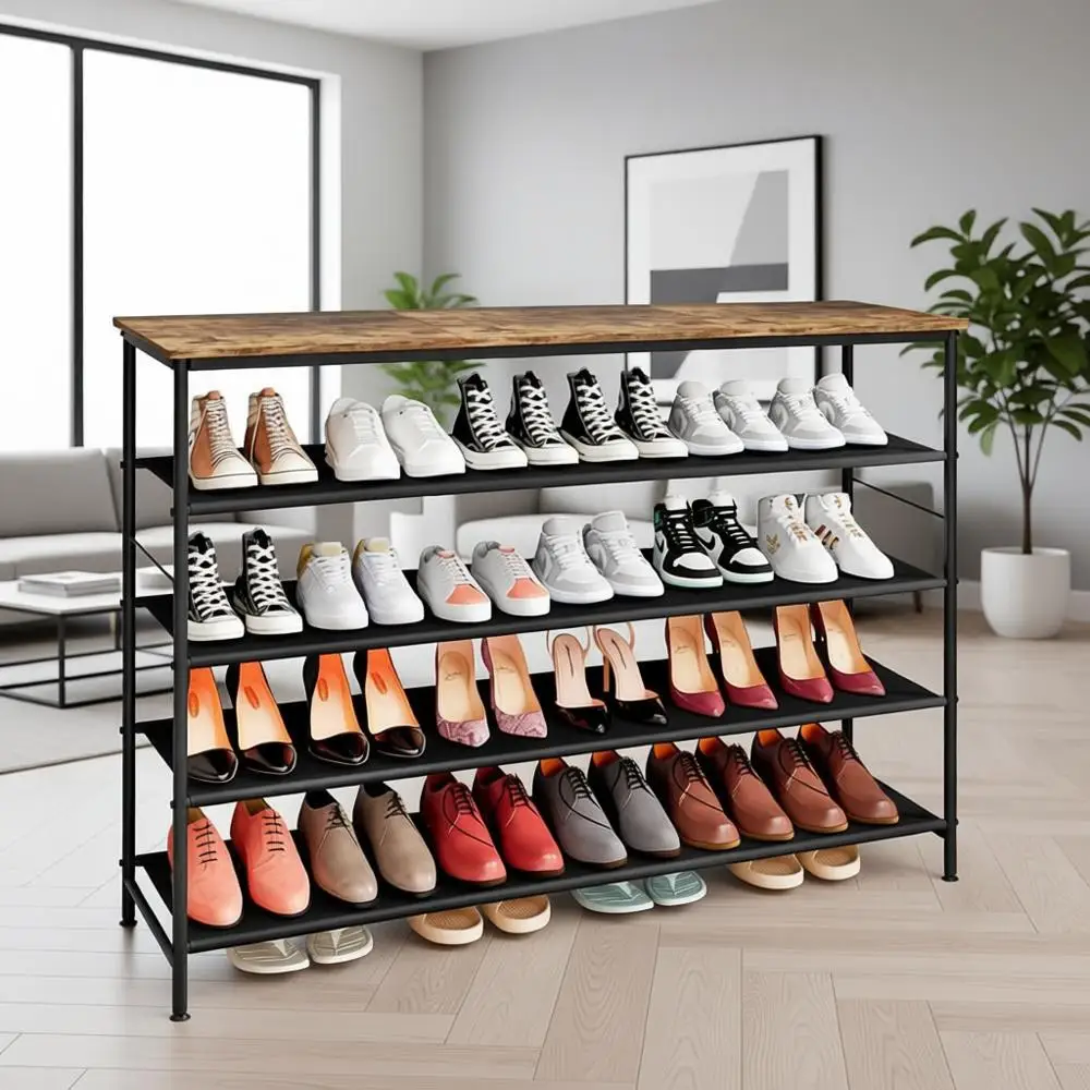 

5-Tier Metal Shoe Rack Organizer with Industrial MDF and Fabric Layers for Entryway, Bedroom, Living Room, and Garage - Black &