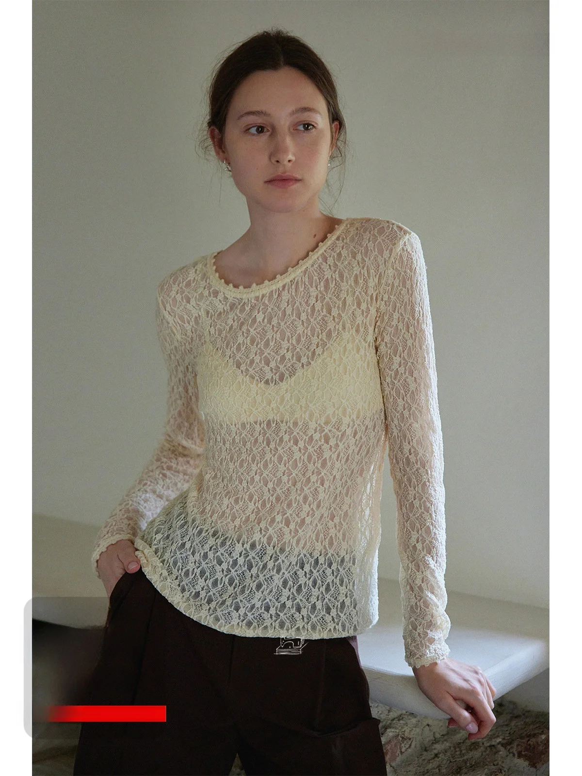 

Изысканная кружевная футболка ручной работы с длинным рукавом и круглым вырезом Nice People 2025AW, повседневный однотонный топ прямого кроя