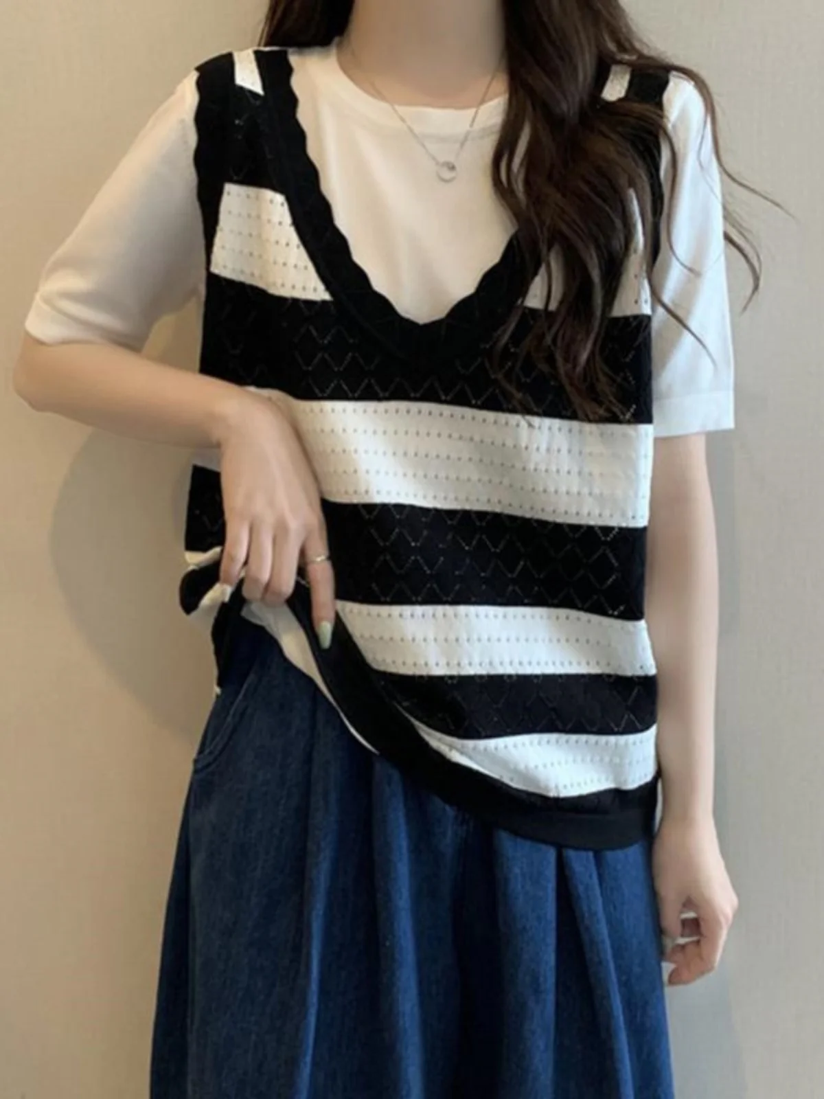 

plus Size Korean Sle Striped Knitted Sweater Women's Summer Thin ort Sve Top for Heavy Girls 300 Pou Special Large ...