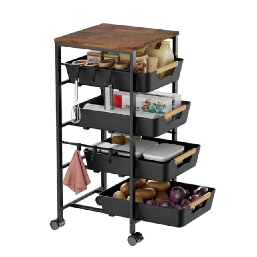 5-Tier Kitchen Storage Cart Wood Top Rolling Cart Organizer with Pull-Out Baskets and Wheels Metal Snack Cart with Holder for F