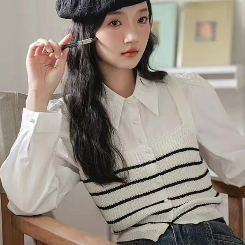 

Женский однотонный свитер с воротником-поло, тонкий вязаный пуловер с длинными рукавами, повседневный офисный свитер из двух предметов, женский свитер 2025 B127