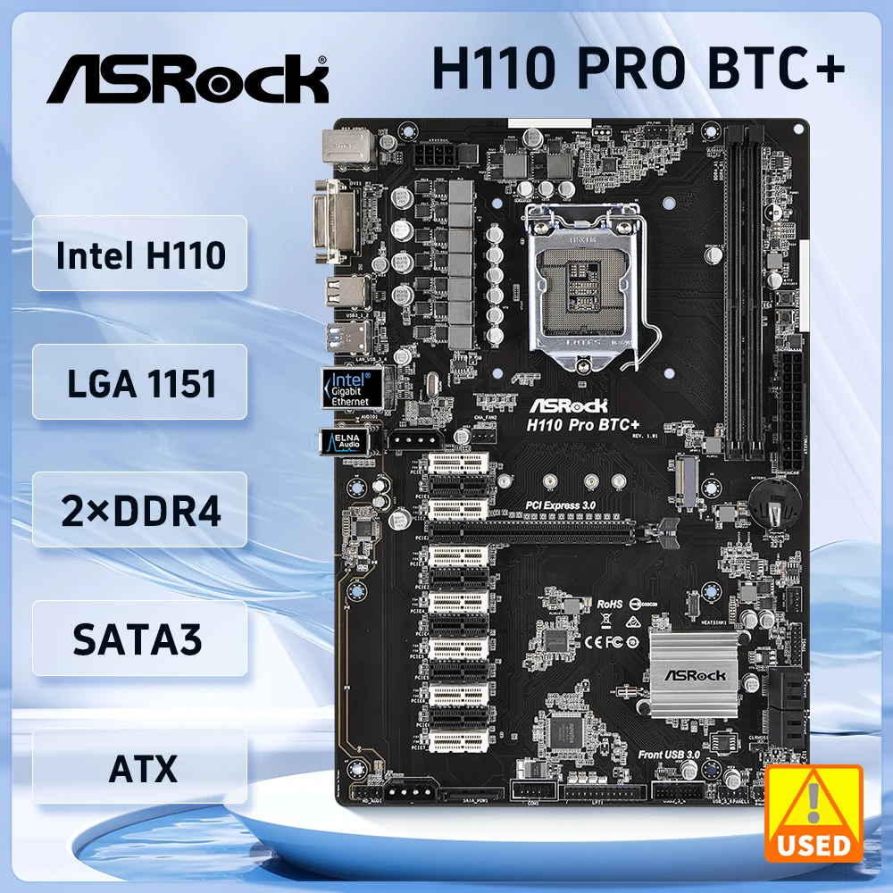 ASRock H110 PRO BTC + 마이닝 가이드 마더보드, LGA 1151 DDR4 32GB PCI-E 3.0 M.2 12 × PCI-E X1 ATX 지지대 7 세대 6 세대 코어 i5-6400 