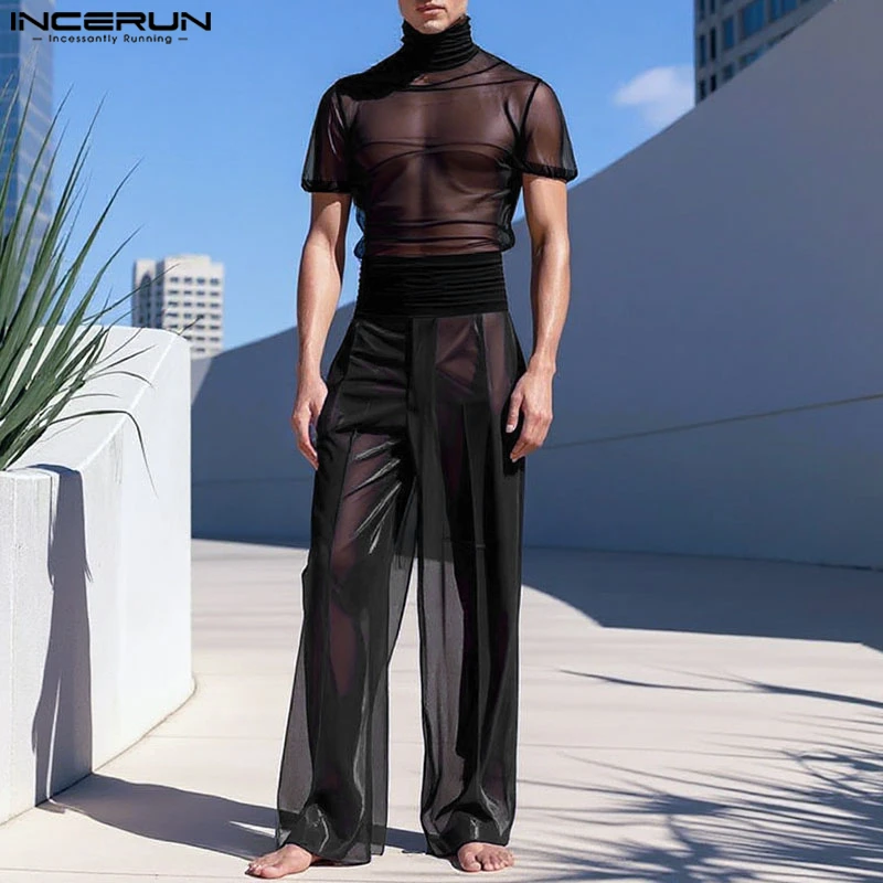 INCERUN Men Sets Mesh See Through Sexy Turtleneck Short Sleeve T Shirt & Pants 2PCS Streetwear Summer 2025 Fashion Men's Suits