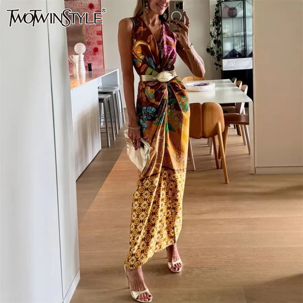 TWOTWINSTYLE Sommerliche Freizeitkleider mit Print für Damen, V-Ausschnitt, ärmellos, mit Schärpen-Design, drapiertes, figurbetontes Kleid für den Strandurlaub