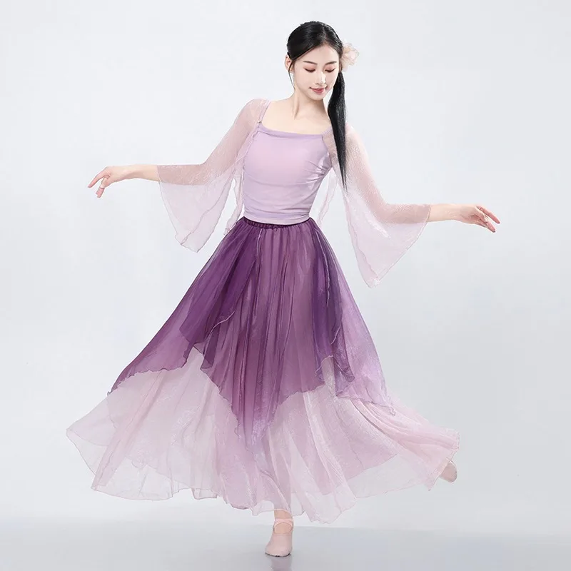 زي رقص كلاسيكي جديد - فستان شيفون أثيري متدرج مع تنورة واسعة لأداء الرقص الصيني وملابس العرض
