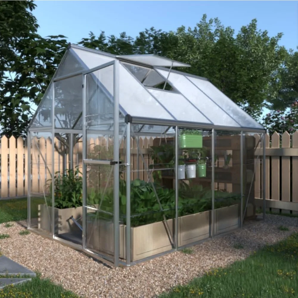 6x8 FT Hybrid Polycarbonate Greenhouse Lockable Hinged Door with 2 Vent Window Walk-in Hobby Greenhouse, Aluminum Hot