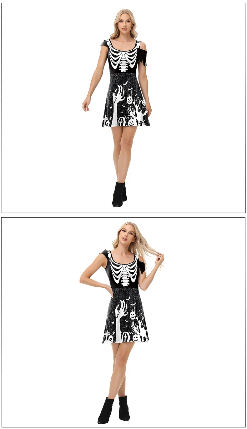 Halloween Women Sexy Gothic Skeleton Print Cosplay Vintage Dress Day of The Dead Party Role Playing Dress Up Female