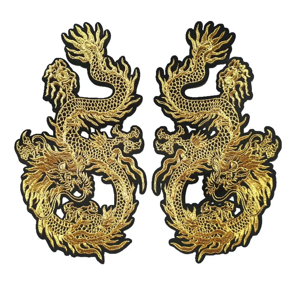 2PCS Chinese Gold Dragons 29CM Embroidered Patches Sew Iron On Badges For Dress Bag Jeans Hat T Shirt DIY Appliques Craft Decor