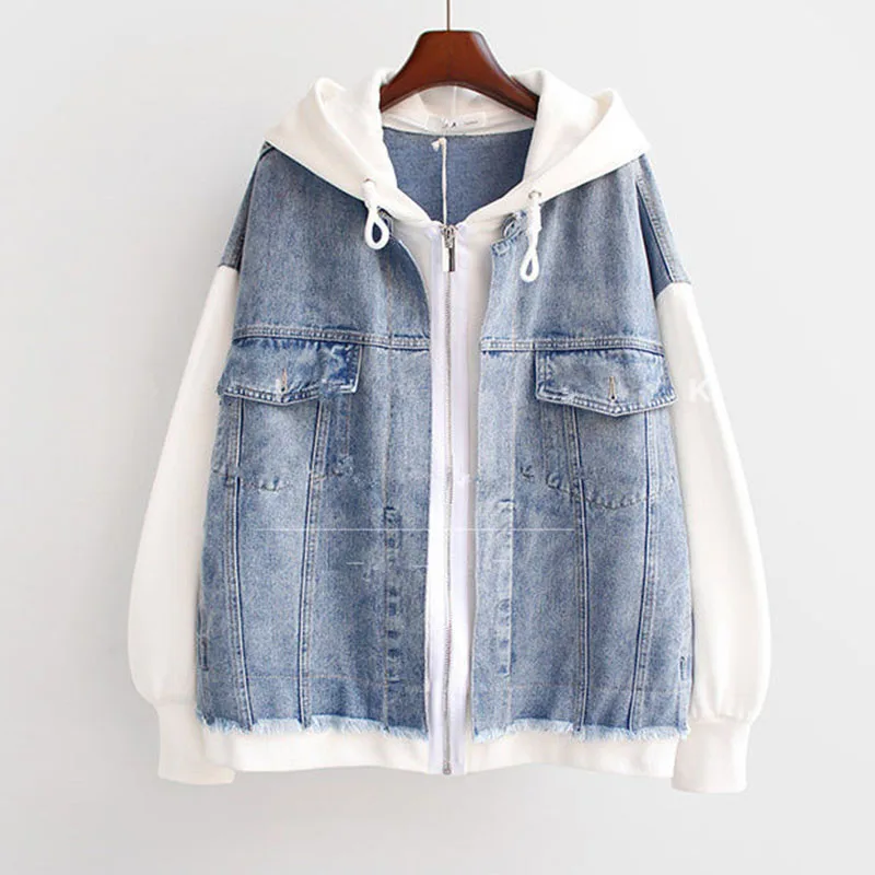 

Women's Fake Two Denim Coats, Autumn Jacket, Loose Hooded Baseball Uniform, Oversized Hoodie, Splicing Outerwear, Tide 4XL, New
