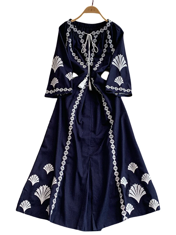 Retro Schwere Stickerei Lange Sve runde Ne Dr Frauen Sommer Gürtel Taille Abnehmen Split Tee Brechen Rock Pendeln Sle