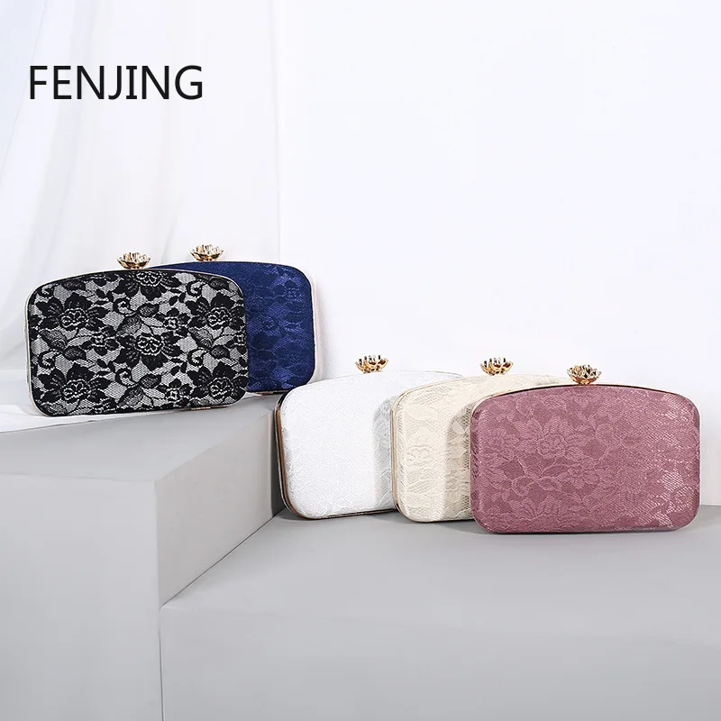 2023 Female Bag Pink Lace Evening Clutch Purse Handbags Luxury Designer Metal Rose Button Shoulder Bag Chain Bride Wallet Bolsas