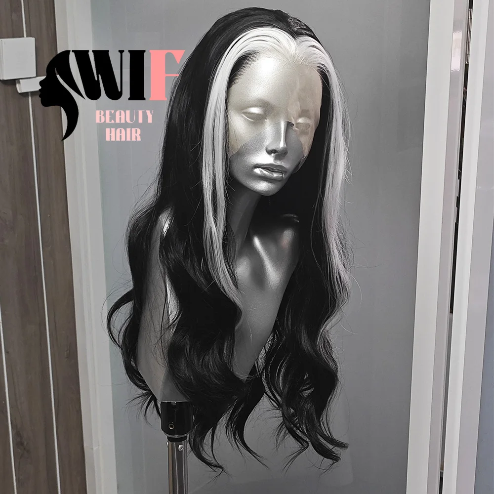 WIF White Highlight Black Synthetic Wig Body Middle Part Heat Resistant Lace Front Wigs Cosplay Makeup Use Highlight Black Wig