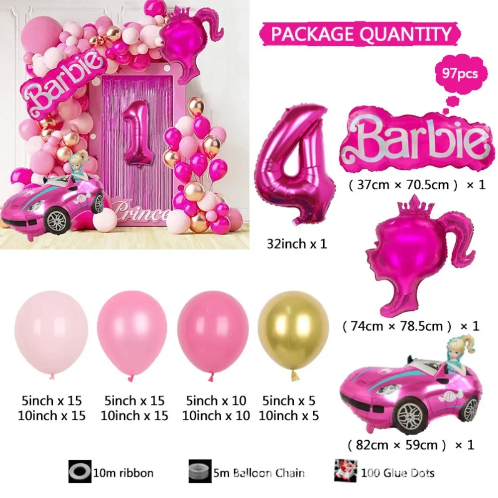 Conjunto de arco rosa de Barbie, 97 piezas, estilo guirnalda, 32 pulgadas, 1-9 bolas de aluminio, globo de látex, decoración de fiesta de cumpleaños para niños y niñas