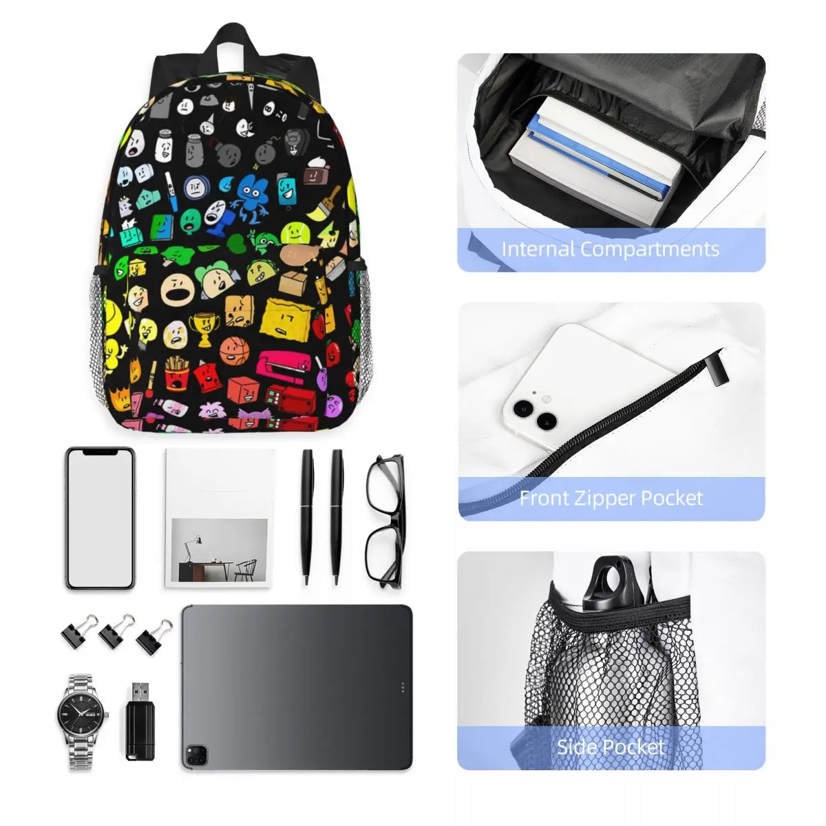 BFDI Inanimate Insanity All Character Rucksack, heißer Verkauf, Tagesrucksack, große Kapazität, Büchertasche, Umhängetaschen für Männer und Frauen, Schultasche