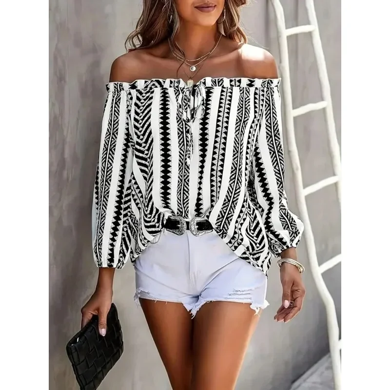 Plus ขนาด 1XL-5XL ผู้หญิงแขนยาวเซ็กซี่ Slash คอเสื้อ Casual Lacing Up พิมพ์เสื้อ Elegant หญิง Backless เสื้อหลวม