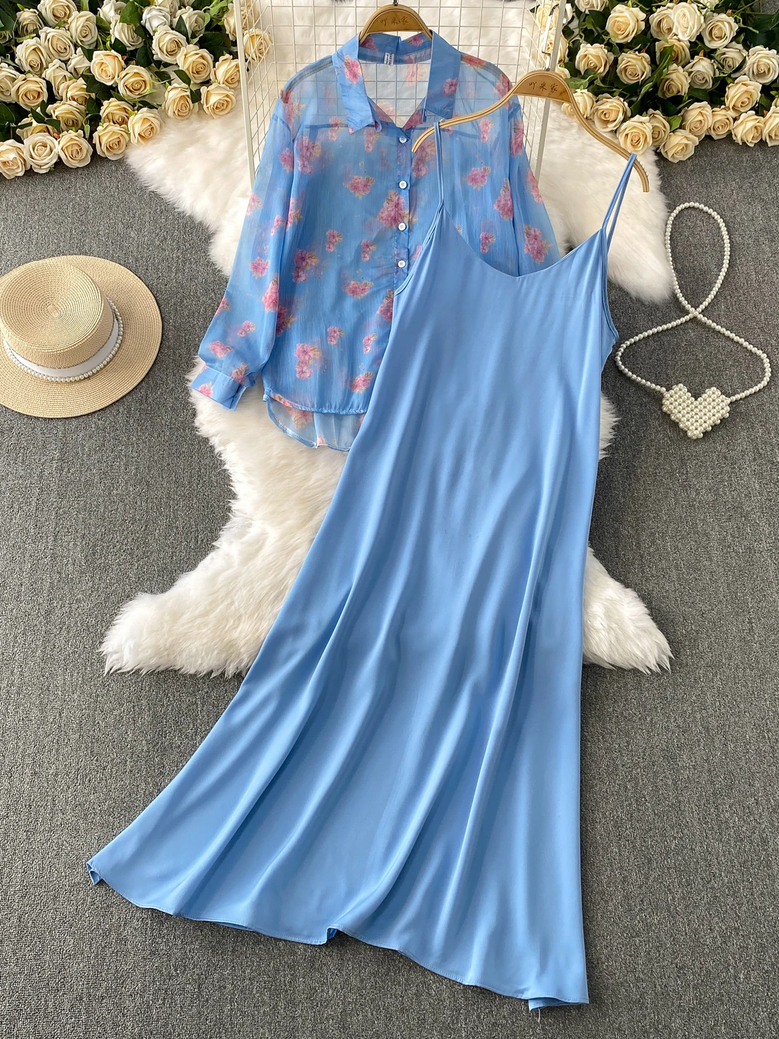 Biru Muda Motif Bunga Panjang Sve Pelindung Matahari Irt Jaet Satin Longgar Pelangsing Panjang Dr Dua Potong Set untuk Wanita Muda