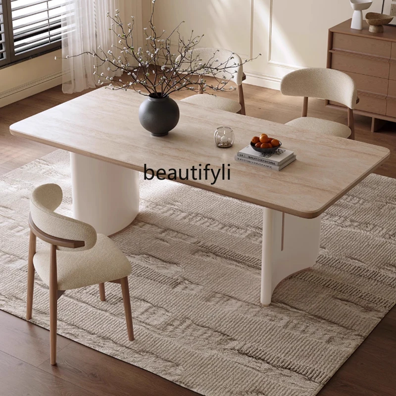 

New French rock slab dining table household small apartment high-end cream solid wood dining table