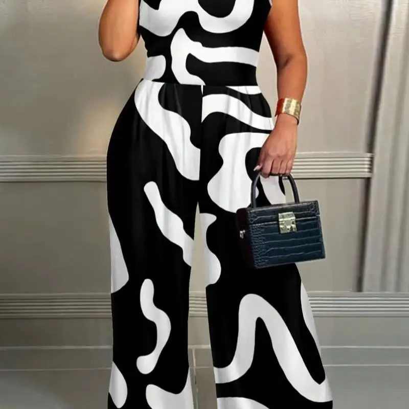 

2026 Spring New Women's Abstract Vitali Print Sve Jumpsuit Casual Wear Low Waist Five-Quarter Cotton Fabric Jumpsuit