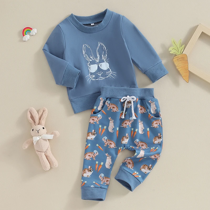 2023-11-07 Lioraitiin 0-3Y Toddler Boys Easter Clothes Sets Blue Long Sleeve Sweatshirt Bunny Carrot Print Pants Sets