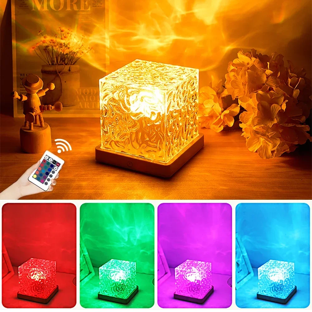 

LED Water Ripple Ambiance Night Light USB Rotating Projection Crystal Table Lamp RGB Dimmable for Bedroom Bedside Game Room Gift