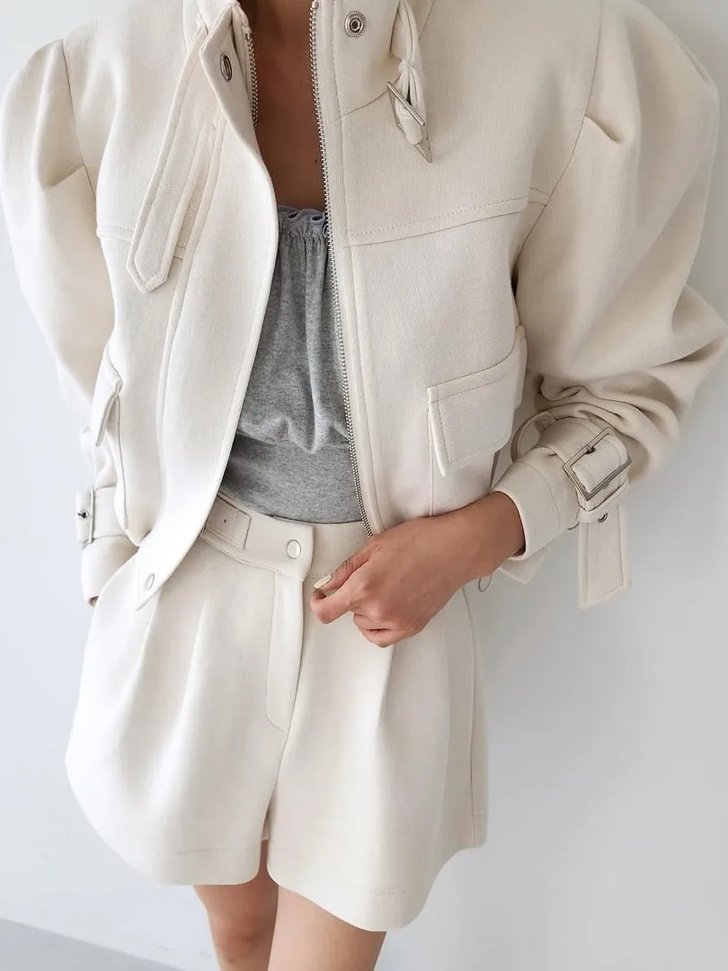 

Faionable корейский женский костюм Bubble Sve ort Coat Loose ort Set, осенний сезон, универсальный костюм из двух предметов