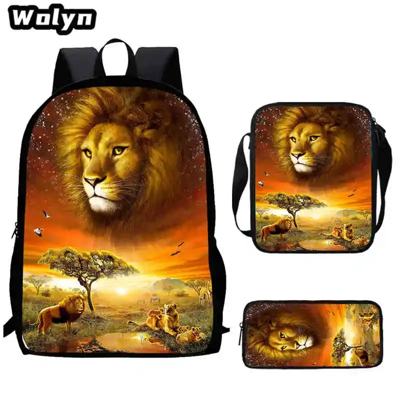 3Pcs Set Cartoon Lion School Backpack with Shoulder Bags Pencil Bags for Boys Girls,Anime School Backpack for Kindergarten