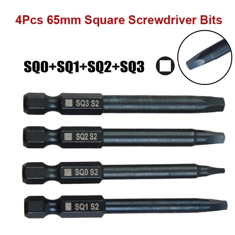 

4Pcs Square Screwdriver Bit 65mm Special Screwdriver Set SQ0 SQ1 SQ2 SQ3 Magnetic Impact Driver Bits