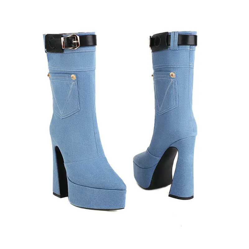 Denim Jeans Blue Black Pointed Toe Western Goth Women Shoes Winter Buckle Belt Mid-calf Platform High Heels Boots With Pocket