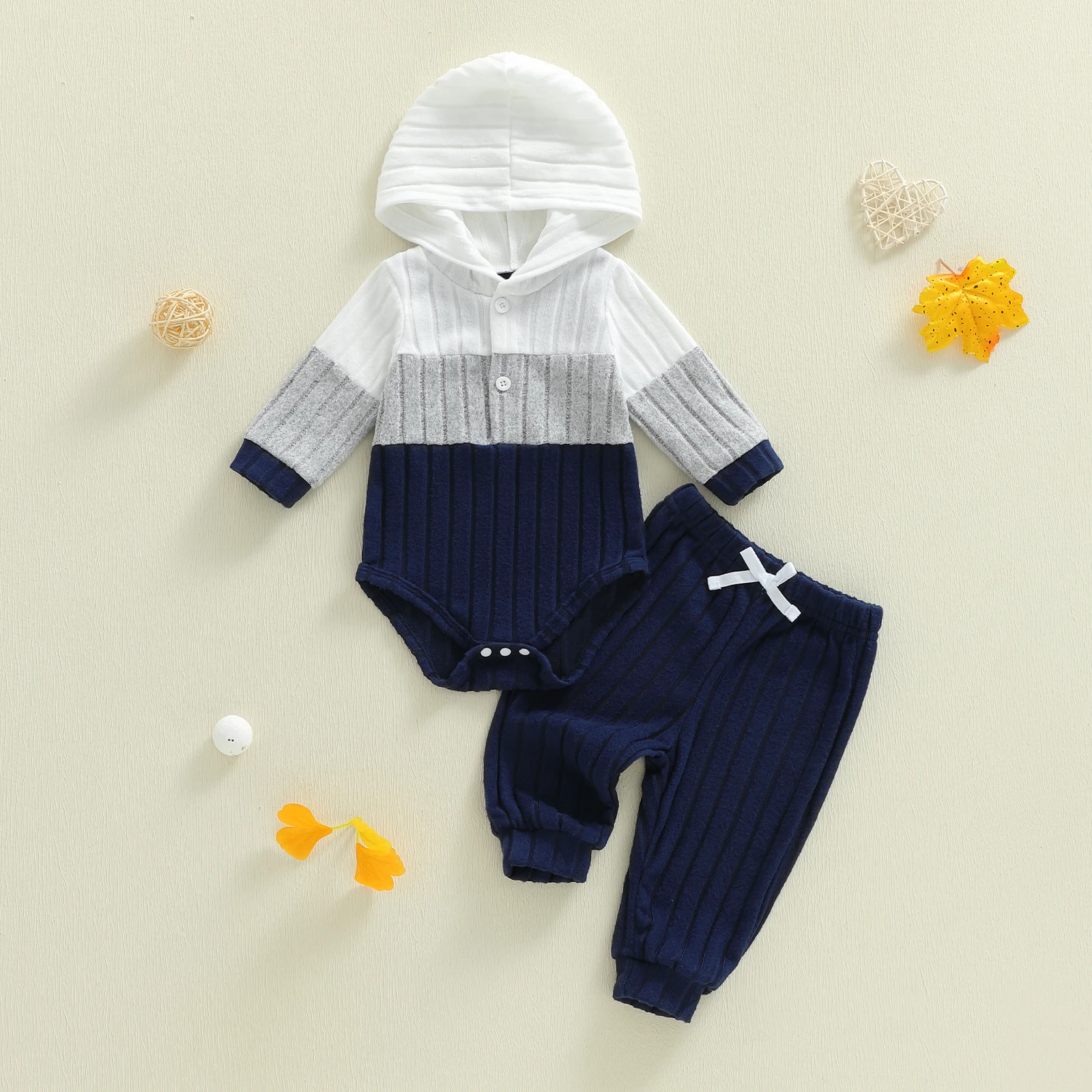 0-24M Baby Boy Fall Winter Clothes Contrast Color Long Sleeve Hood Romper Solid Color Long Pants 2 Pcs Boys Outfit Set
