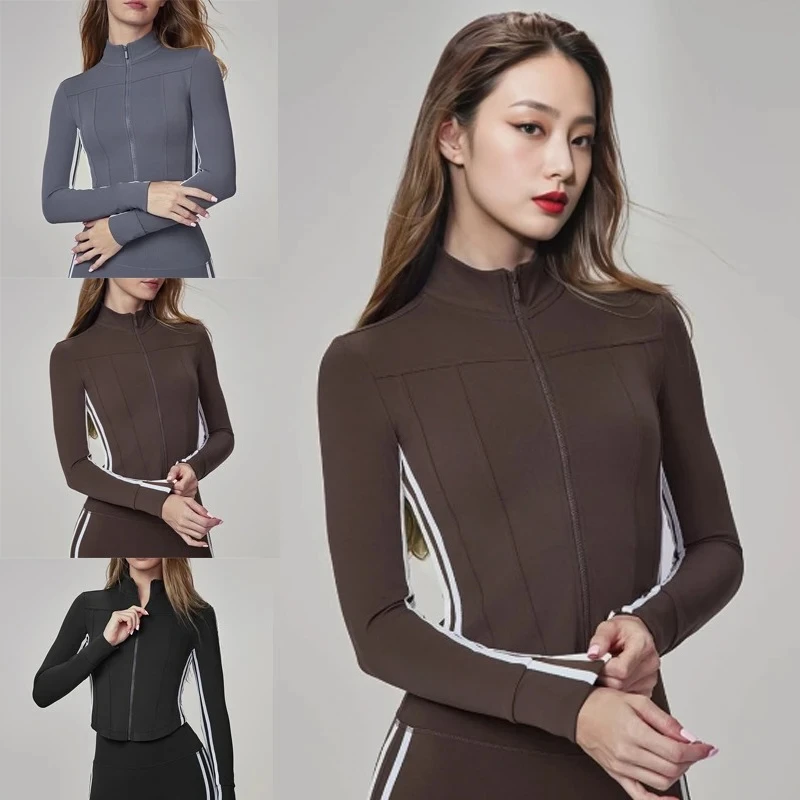 

New Women Spring Striped Sports Jacket Women Premium Feeling Slim Outer Wear Long Sleeve Standing Collar Fitness Yoga Top