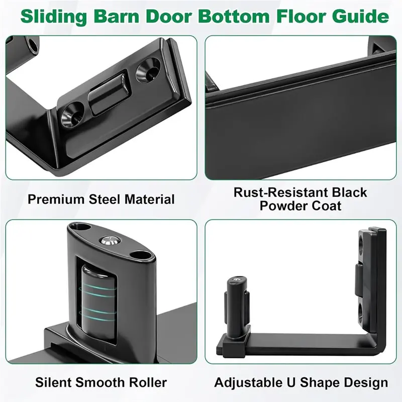 AB42-Adjustable U Shape Wall Mount Barn Door Floor Guide, Black Bottom Floor Guide Flexible Flush Design-Sliding Style