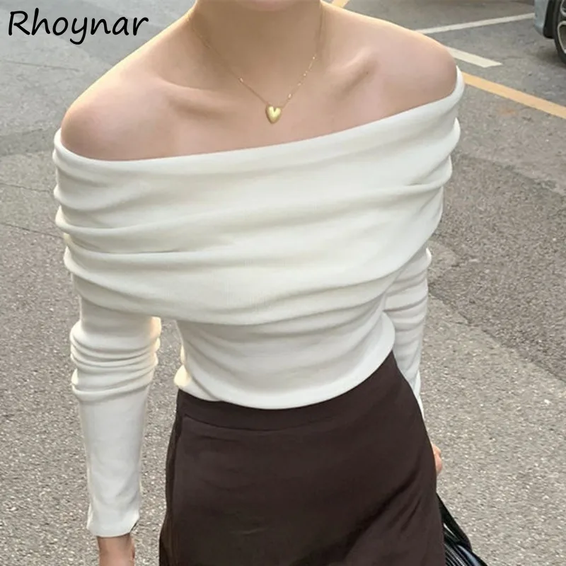 Long Sleeve Pullovers Women Solid Simple Casual All-match Slash Neck Pleated Off Shoulder Graceful Gentle Korean Style Spring