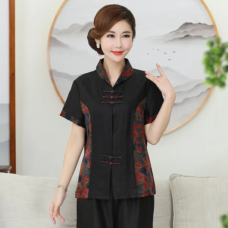 

New arrival pure silk short sleeve women shirts,100% gambiered Guangdong silk loose blouse,turn-down collar spliced clothes