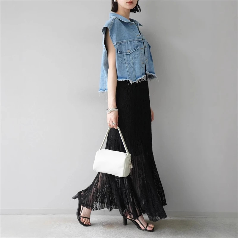 

Japanese Style High Waist Lace Hollow Out Long Midi Skirt Women Casual Party Office Wear Summer Loose Elastic Waistband Skirts