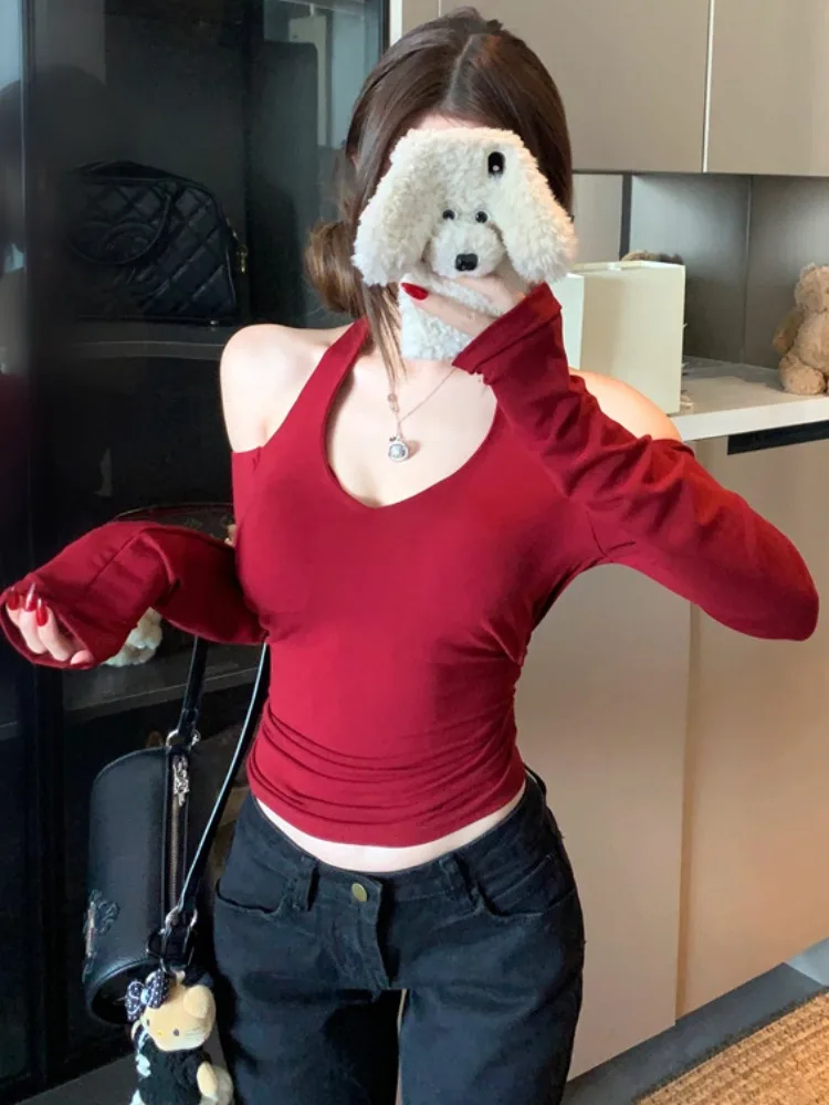 

Sexy Pure Desire Backless Strap Chest Pad Design Hanging Neck Shoulder Long Sleeve T-Shirt Women Spring Autumn Base Shirt Top