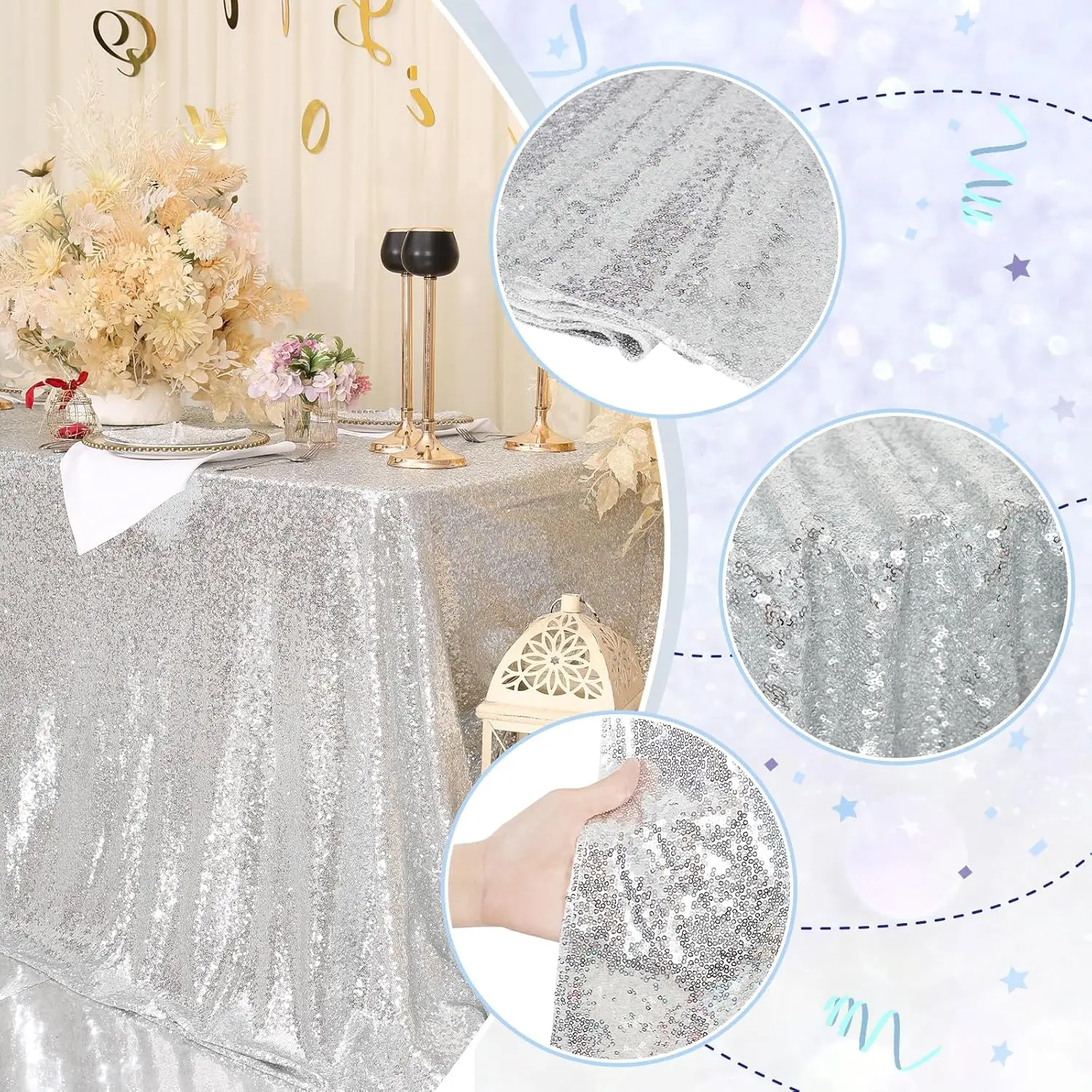 Rectangle Sequin Tablecloth Silvery ,Gold Table Cover Glitter Tablecloth for Wedding Birthday Party Home Decoration Multi Sizes