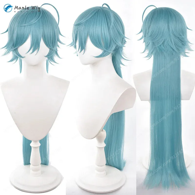 Hojo Raika 코스프레 가발 유니섹스 90cm 긴 파란색 품질 내열성 합성 머리 할로윈 ES 애니메이션 가발 + 로즈 네트