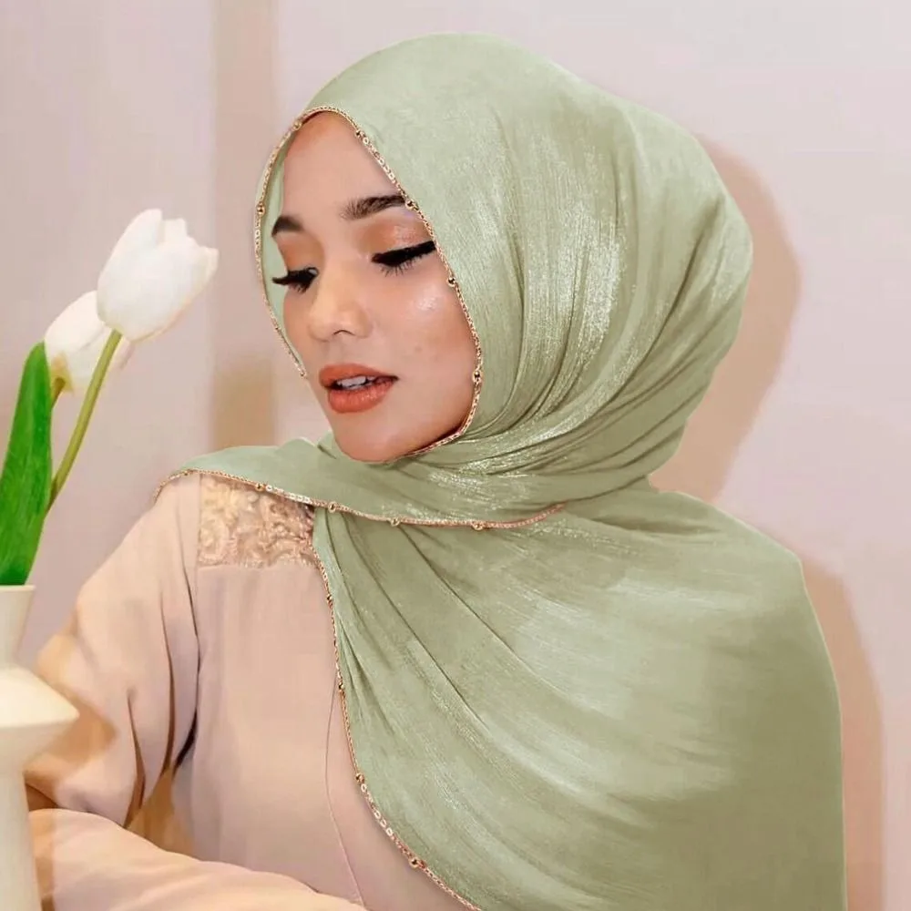 Modische Perlen Islamischer Turban Chiffon Lange Wickeltücher Schal Dünner Pashmina Ethnischer Stil Schal für Frauen