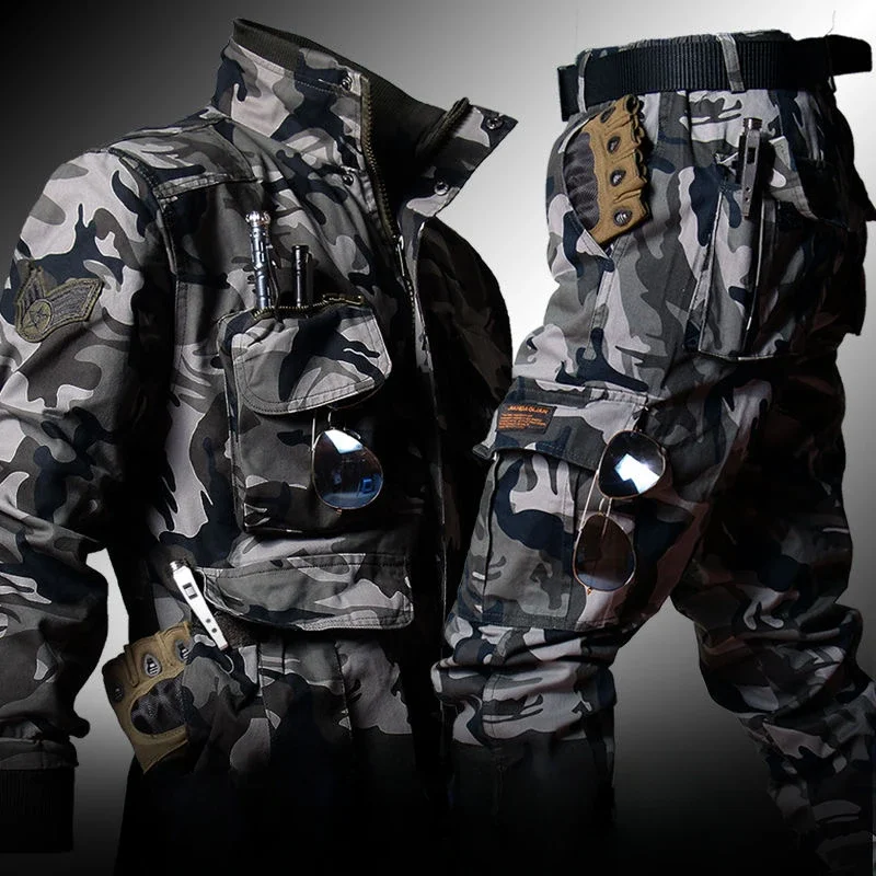 Camouflage-Softshell-Set für Herren, mehrere Taschen, winddicht, Jagduniform im Freien, zweiteiliges Set mit Wander- und Trainingskampfausrüstung