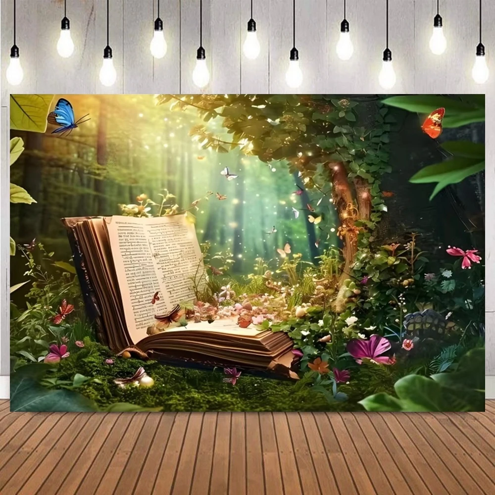 Magic Storybook Photo Backdrop Sparkling Jungle Butterflies Mushroom Castle Kids Party Home Decor Photography Background Prop